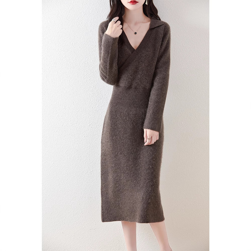 Women's Waist-Cinching Small Lapel Wrap-Neck Knit Slim-Fit Dress, 100% Wool, Extended Length, Long-Sleeve, Fine Wool for Commuting
