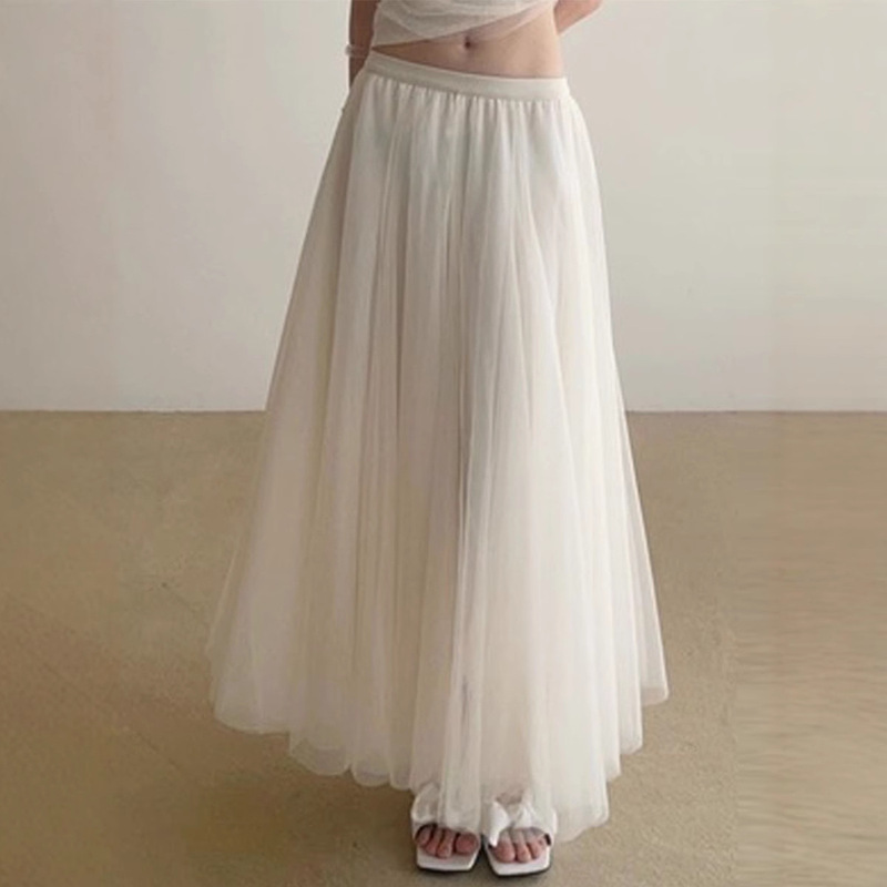 Romantic Climb! 2025 Autumn Apricot A-Line Umbrella Skirt for Women Chiffon Lightweight Cute Atmosphere Large Hem Mesh Skirt