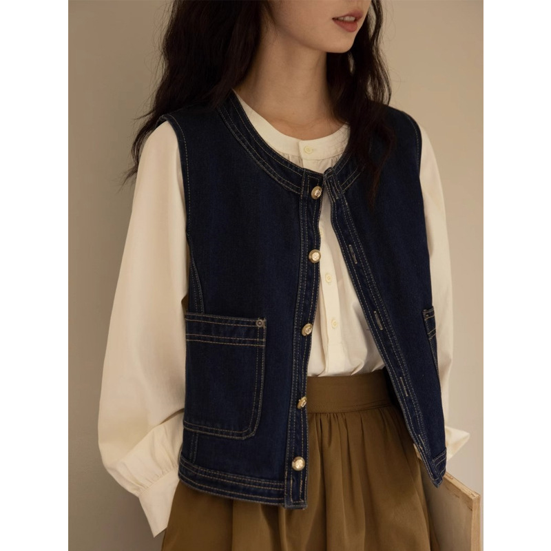 Japanese Retro Blue Denim Vest for Women, Spring and Summer Layered Vest, Outerwear for Petite Figures, Sleeveless Top