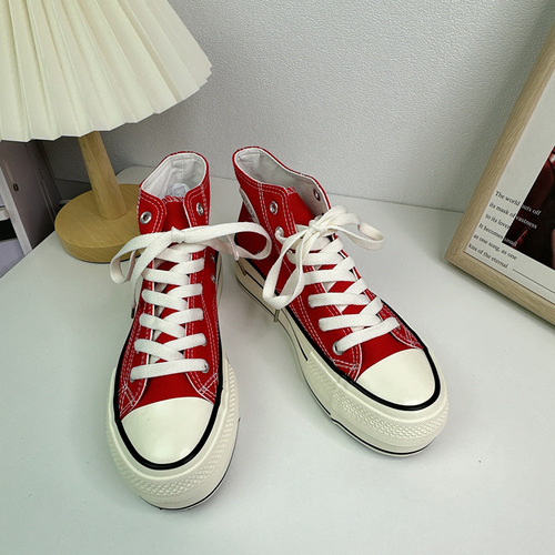2024 Spring and Summer New Korean Version Versatile Sapphire Blue Big Red High Top Canvas Shoes Women's Thick Sole Increased 4CM Platform Shoes