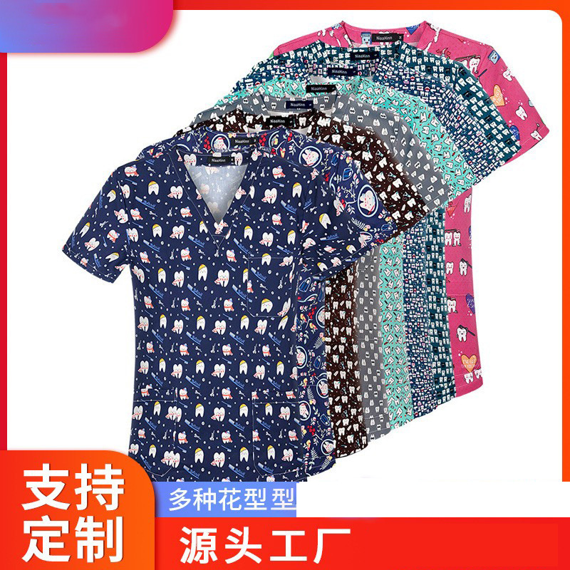 Cartoon Printed Hand Washing Clothes, Hand Brushing Clothes, Nurse Clothes, Women's V Neck Short-Sleeved T-Shirt Tops, Surgical Clothes, Work Clothes for Men