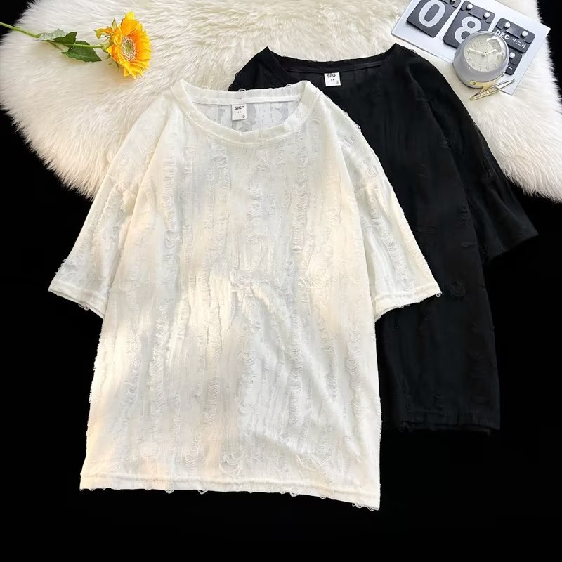 Herr t-shirt med revor och sliten look trendig lös passform_voghion.com