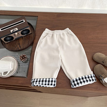 男童加绒灯芯绒裤秋冬季婴儿洋气拼接格子加厚直筒裤宝宝保暖长裤