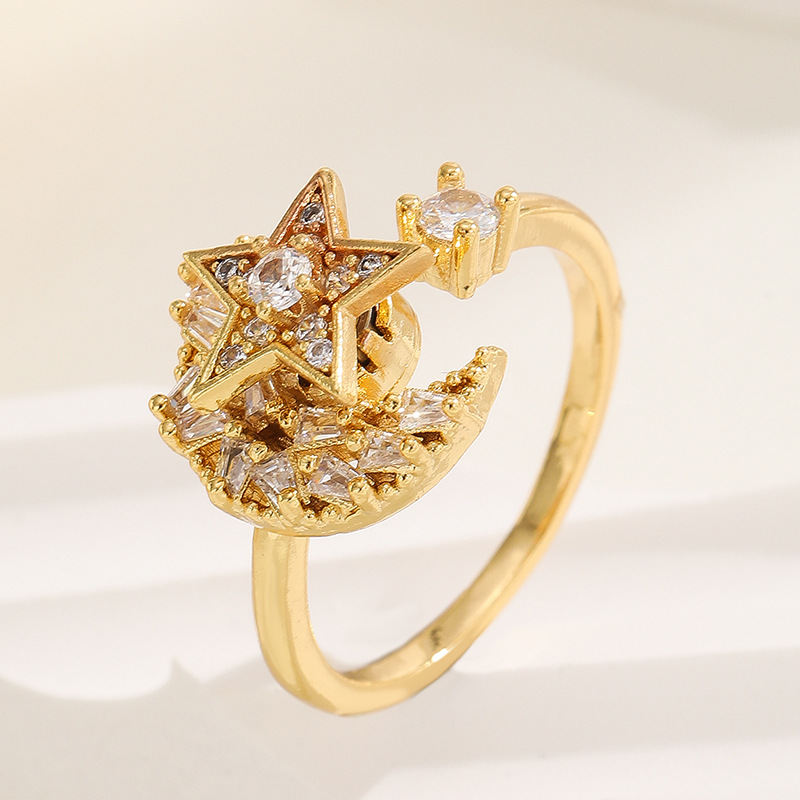 18K oro real color-preservar la suerte de la hierba estilo coreano transfronterizo diamante incrustado rotación de moda abierto anillo ajustable