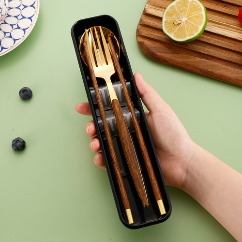 Stainless steel portable tableware Portuguese set fork spoon chopsticks three-piece gift box gift student tableware