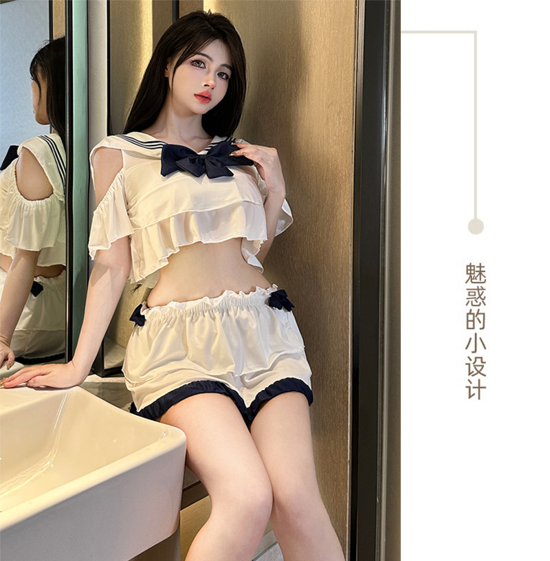 Sexy Cos Sexy Student Uniform Costume Set with Top, Skirt, Thong and Bow Stockings — detail image 9