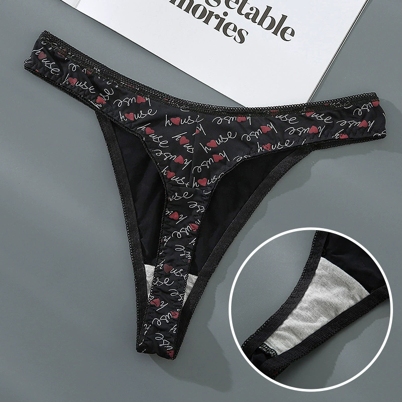 Комплект сексуальных хлопковых thong-танг Panties - низкая талия бикини, черный/белый/печать, размеры L-4XL