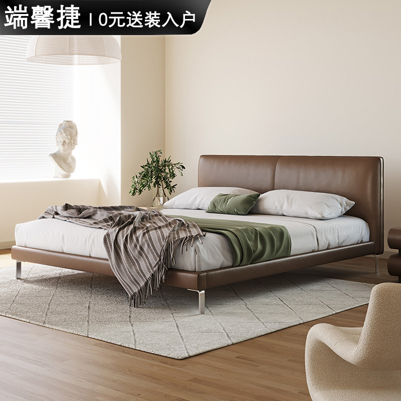 Cama de Cuero genuino moderno minimalista primera capa de piel de vaca cama doble 1,8 m Italiano minimalista retro diseñador de la cama de cuero genuino