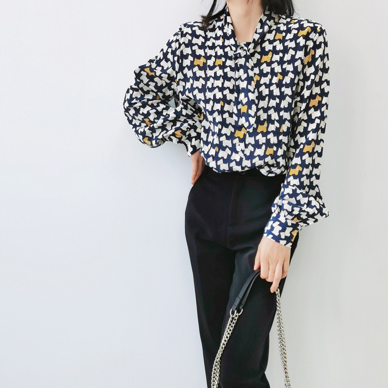 Special Offer: Fresh and Youthful Dog Print Small Bow Tie Silk Shirt for Women, Long Sleeve Loose Babydoll Top, Mulberry Silk Blouse