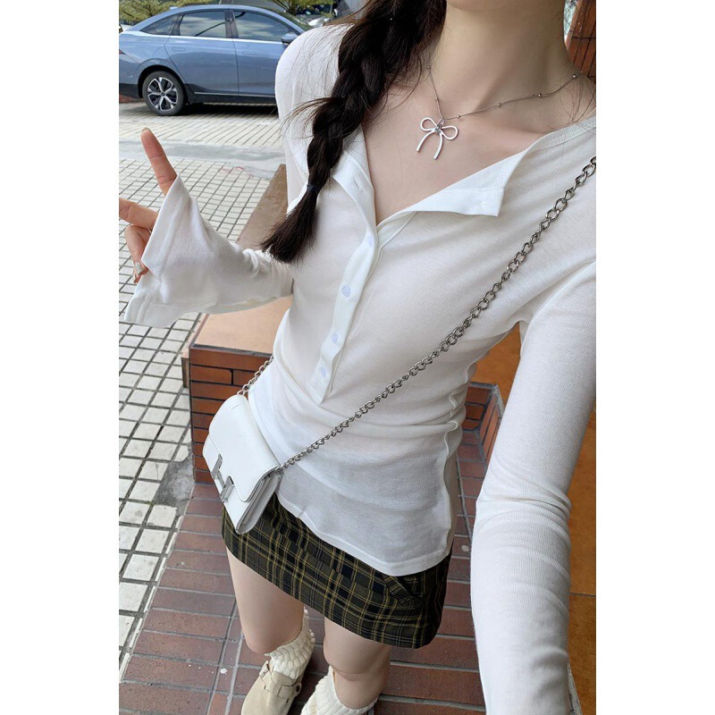 European-Style In-Stock Korean Fashion 2026 Spring Solid Color Button Flare Design Niche Simple Versatile Long-Sleeve T-Shirt