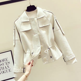 Women's Short Slim-Fit Leather Jacket 2023 Spring and Autumn New European Style Waist-Cinching Lapel Drawstring Niche Leather Jacket