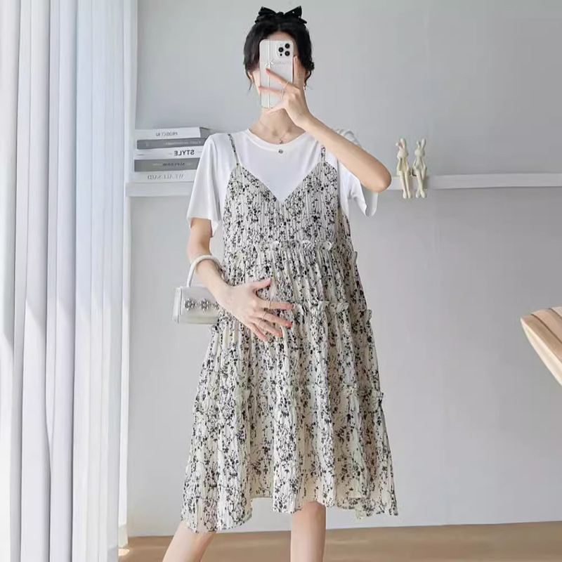 Maternity Dress Summer Western Style Korean Elegant Large Size Fashionable Slimming Floral Fake Two-piece Stitching Chiffon Dress for Summer
