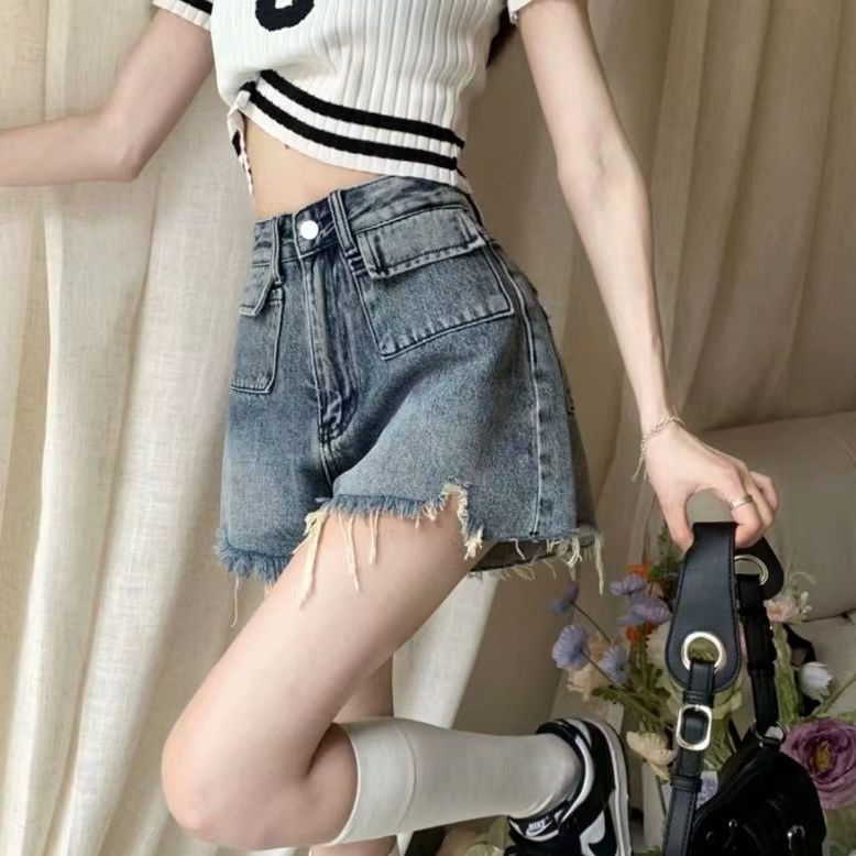 EBAY 랩 높은 허리 A 라인 데님 반바지 여성 통통녀 여름 핫 걸스 INS 하이 스트리트 디자인 센스 와이드 레그 핫 바지