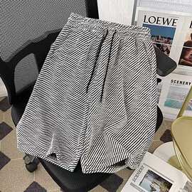 美式条纹短裤男女夏季大码胖300斤休闲宽松阔腿直筒高腰五分裤