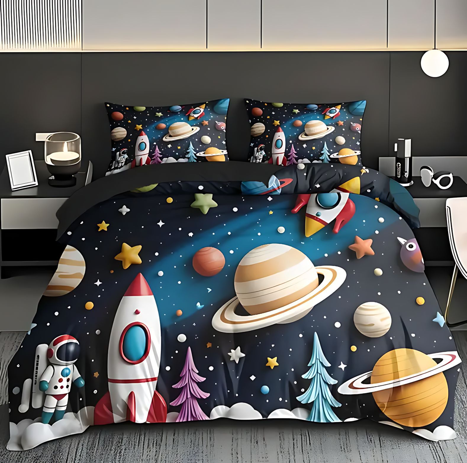 TEMU / JIT transfronterizo dibujos animados tema espacial impresión digital HD suave edredón transpirable kit de funda de almohada