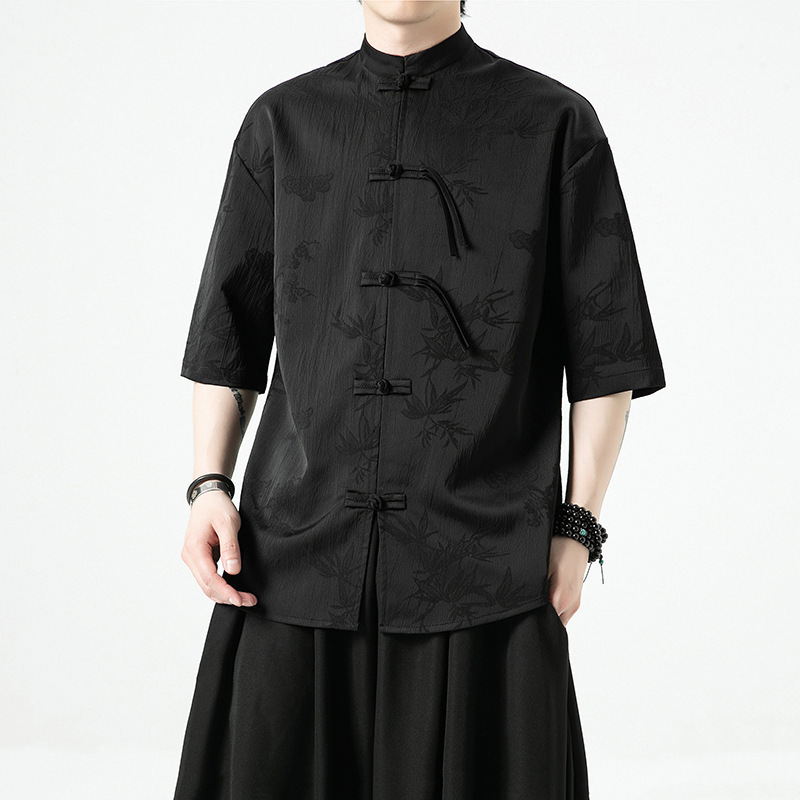 Camisa de seda de hielo de estilo chino para hombre con hebilla de disco de verano, traje Tang, manga corta, cuello alto chino, manga de cinco puntos, Hanfu, traje de estilo delgado