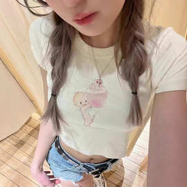 BM风新款美式复古粉色蛋糕天使正肩上衣女 bm甜辣高腰修身短袖t恤