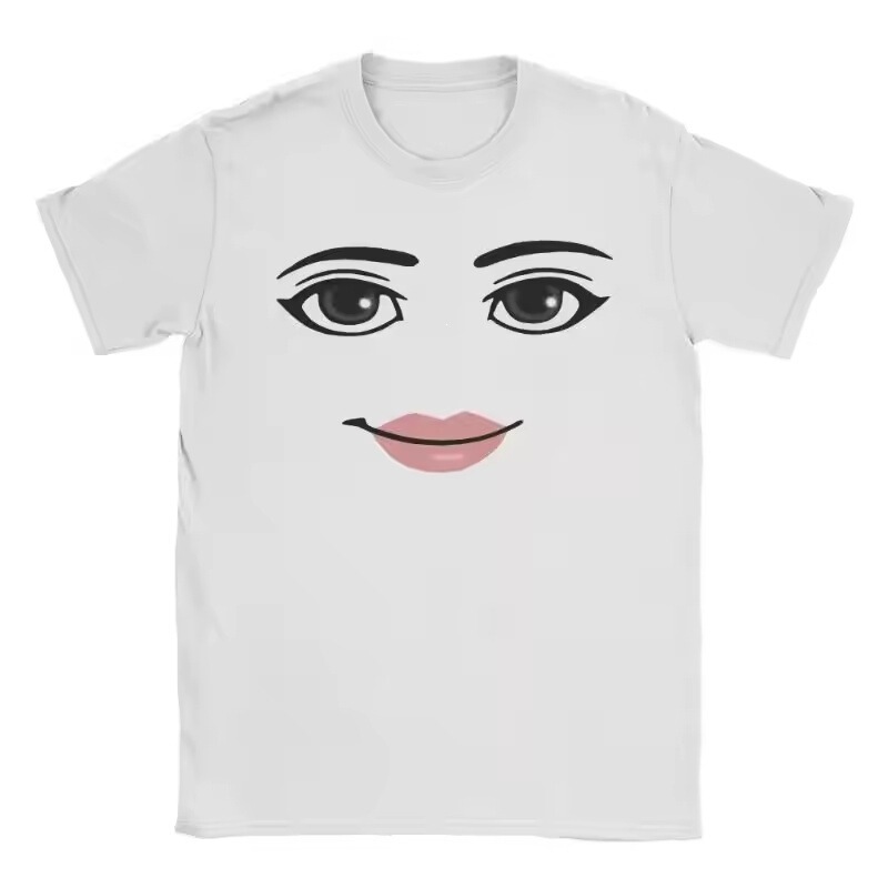 European Size Cotton T-Shirt with Roblox Anime Robot Face Design, Short-Sleeved T-Shirt for Men and Women, University Students, Campus Style, Black