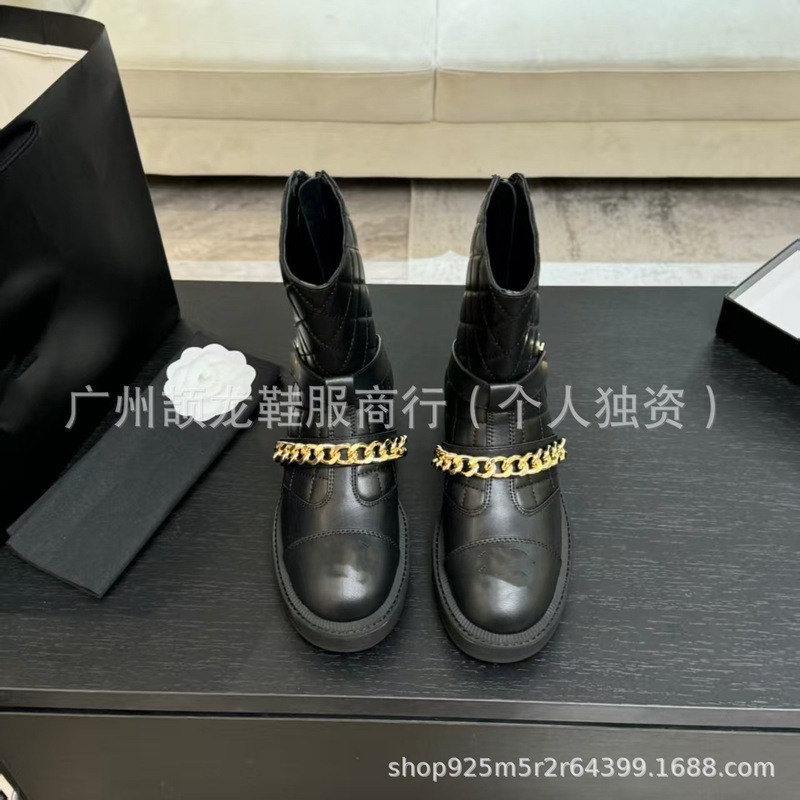 高端2025新款小香风真皮圆头金属扣链条厚底针织弹力瘦瘦靴短靴女|undefined