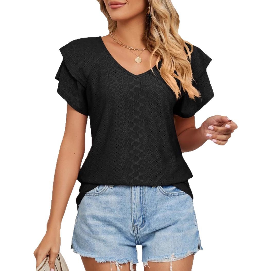2025 transfronterizos Europa y América primavera y verano nuevo cuello hueco collar manga de hoja de loto camiseta de manga corta camiseta casual chaqueta de mujer