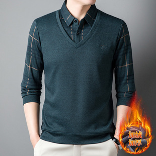 Winter Men's Fake Two-piece Shirt fleece-lined Dad's T-shirt Lap Thickened Sweater Warm Base T-shirt Men's Top