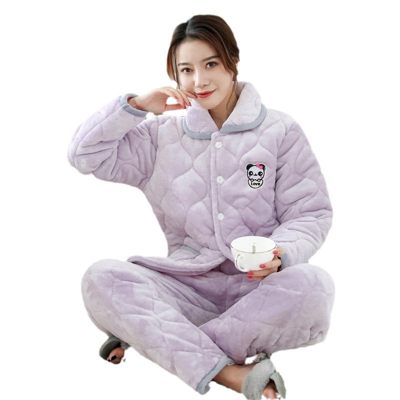잠옷 여성의 겨울 3 층 두꺼운 플란넬 카블 아우터 중년 및 노인을위한 플러스 사이즈 따뜻한 면화 패딩 홈 의류 착용