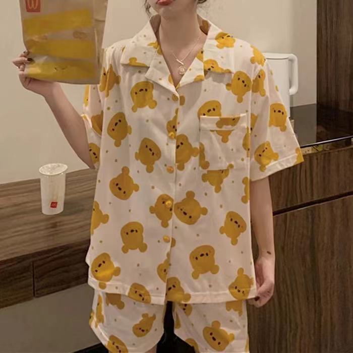 Pijamas de verano de manga corta para mujer, estilo coreano, novedad 2025, conjunto de dos piezas de cárdigan y ropa de estar con dibujos animados.
