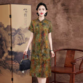 杭州正宗香云纱桑蚕丝连衣裙立领印花婆婆婚宴礼服裙真丝古典裙子