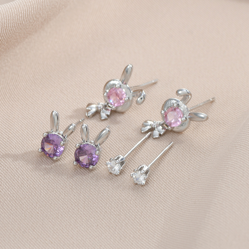 3 Pairs Cute Rabbit Copper Inlay Zircon Ear Studs display picture 5