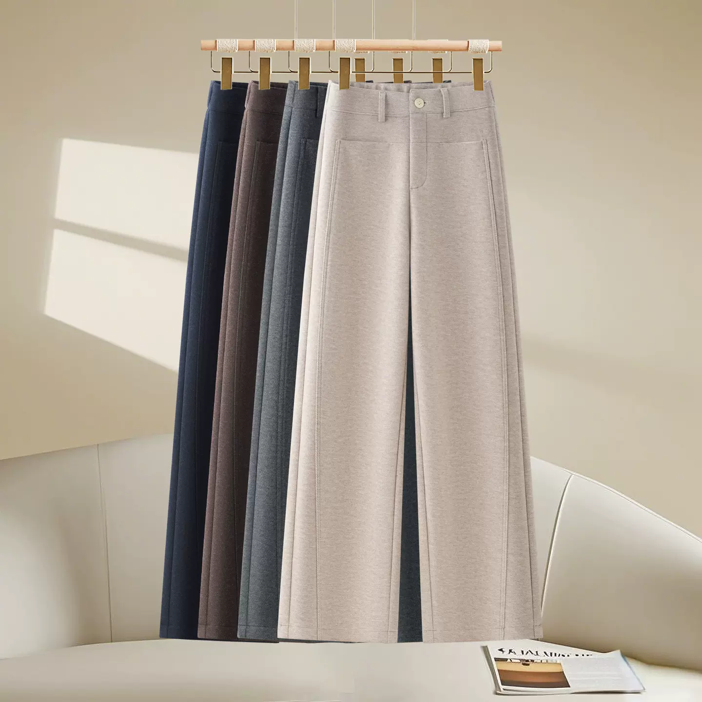 羊毛呢窄版直筒裤女冬季加绒加厚松紧高腰休闲醋酸羊毛阔腿女裤子