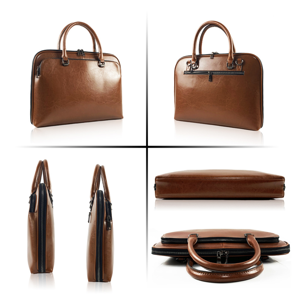 Men's Leather Briefcase Business Document Bag Large Capacity New Laptop Bag - Thumbnail 3