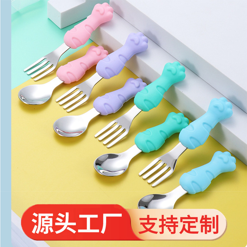 304 stainless steel silicone fork spoon children's tableware food supplement eating cartoon baby baby fork spoon suit