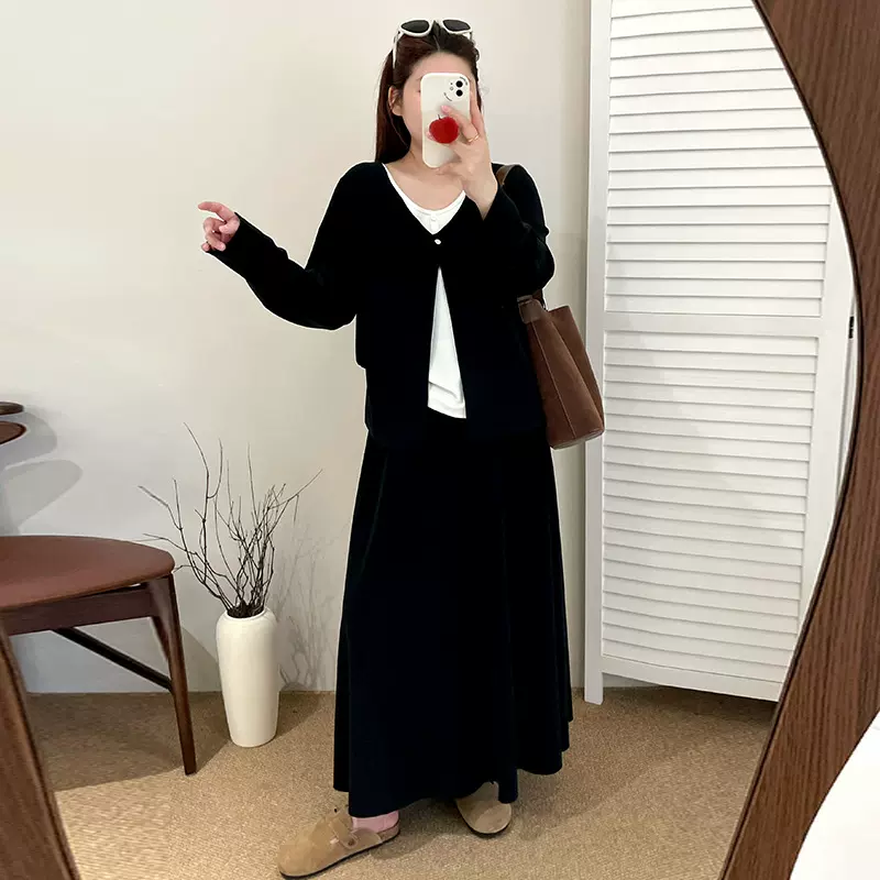 大码女装假两件上衣女半裙两件套2025秋款胖mm宽松休闲套装NT1133
