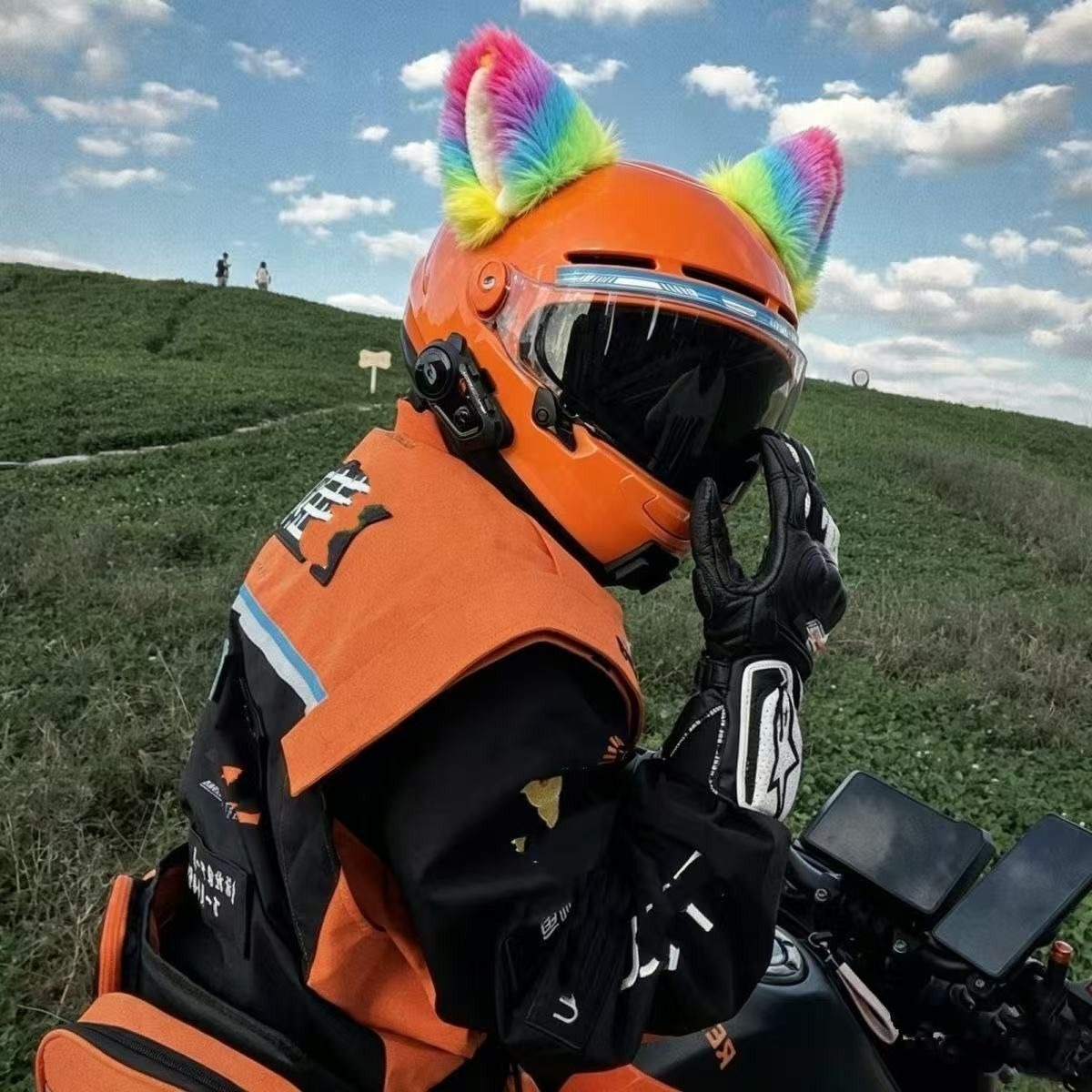 New helmet decoration with colorful ears, motorcycle and electric vehicle delivery stickers, cute ski Meituan dolls