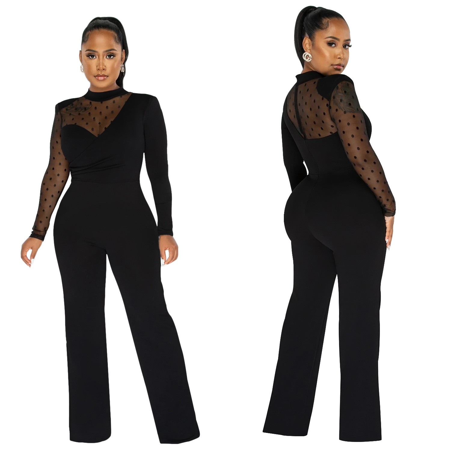 Women's Clothing fashion women's polka dot mesh see-through long-sleeved trousers solid color jumpsuit_voghion.com