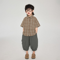 暢通童裝男童襯衫短袖兒童夏款復古格子襯衣中小童韓版薄款上衣