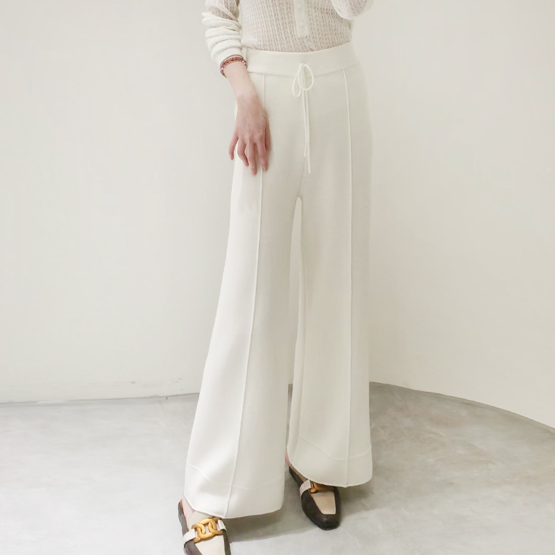 60 PCTS WORSTED CHAO FINE PURE WOOL WIDE LEG PANTS 여성용 외부 착용 4 개의 플랫 바늘 와이드 슬림 느슨한 높은 허리 니트 바지