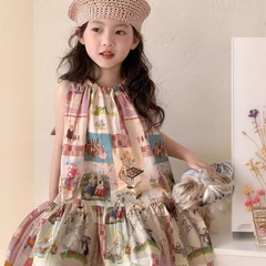 童裙2024夏款韓版女童兔子印花吊帶連衣裙中大童女寶無袖裙子衣服
