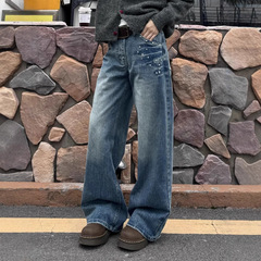 美式复古铆钉低腰阔腿牛仔裤男女款高街设计感宽松休闲显瘦直筒裤