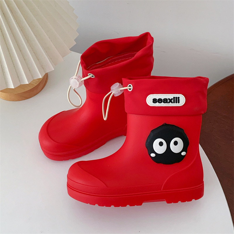 Children's Rain Boots with Drawstring Waterproof and Non-Slip Soft-Soled School Water Shoes for Small and Medium-Sized Children, Cute Briquette Rain Boots