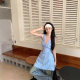 Korean Style Blue Fresh Floral V-neck Vest dress Women's Summer Slim-fit Vacation Sleeveless Waisted Short Skirt