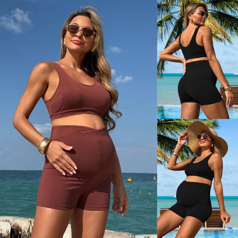 New Maternity Two-Piece Swimsuit for Women, European and American Style, High-End Feel, Conservative Solid Color, Shaping High-Waisted Two-Piece Sports Swimwear