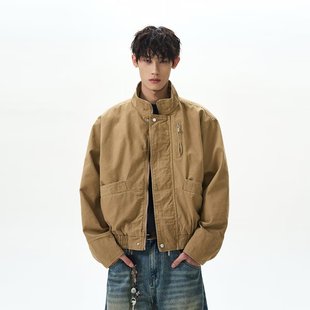 American-Style Stand Collar Silhouette Work Jacket for Men, Trendy and Stylish Design, Short Boxy High-End Flight Jacket