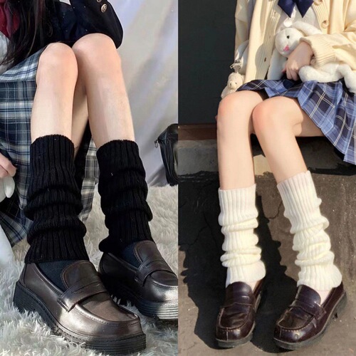 Sock covers for women solid color double-needle knitted thick line vertical strip long boot covers college style girl jk Japanese trend pile socks