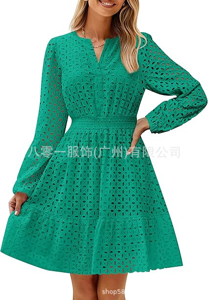 2024欧米の外国貿易クロスボーダー婦人服アマゾンの起爆vネックの透かし彫りの穴の刺繍綿の長袖のワンピース|undefined