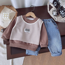 男童韩版长袖条纹马甲两件套宽松卫衣儿童春秋套头休闲童套装批发