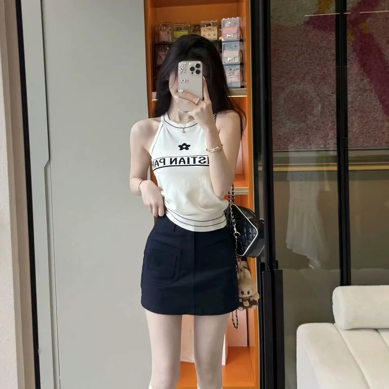 韩系撞色字母挂脖针织吊带背心女夏外穿修身高级感辣妹无袖上衣|undefined