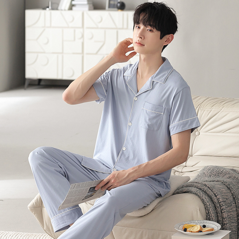 [personalizada] pijamas de hombre de verano moda pantalones largos de manga corta delgados simples casuales grandes set de ropa para el hogar