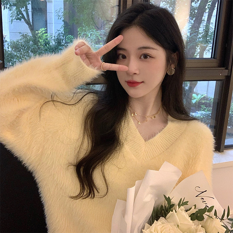 Pullover Sweater Women's Gentle Wind Soft Waxy Spring and Autumn Goose Yellow Mohair Age-Reducing Lazy Mink Wool Sweater Top