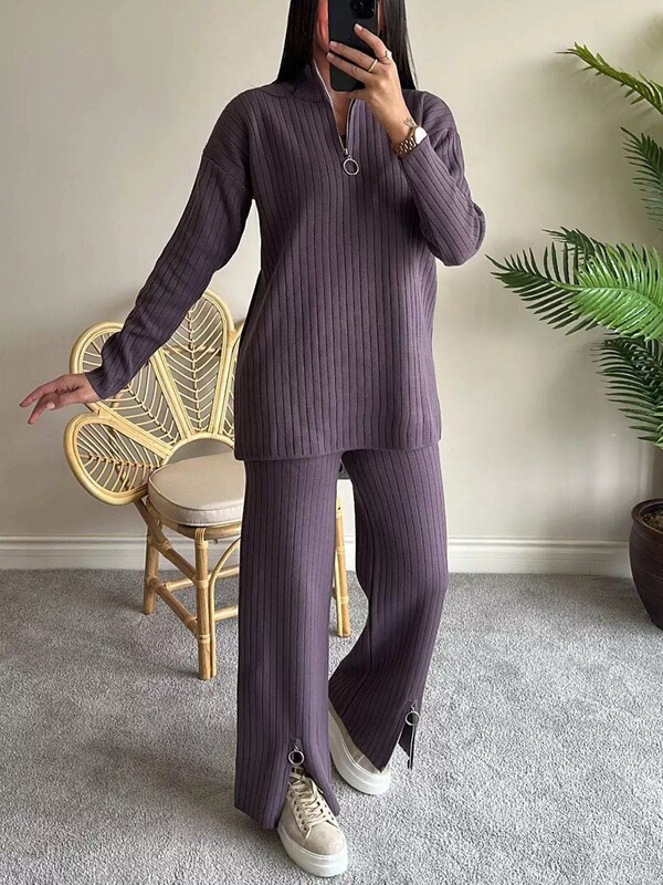 2025新款欧美秋季纯色套装高领坑条拉链针织家居服两件套跨境女装|undefined